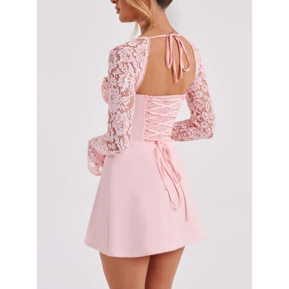 Women's Homecoming Long Sleeve Mini Dress with Lace and Corset Back
