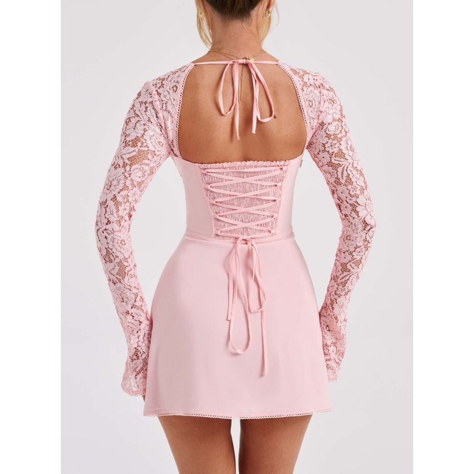 Women's Homecoming Long Sleeve Mini Dress with Lace and Corset Back