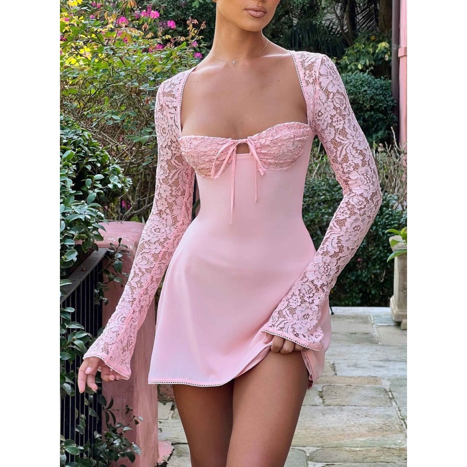 Women's Homecoming Long Sleeve Mini Dress with Lace and Corset Back
