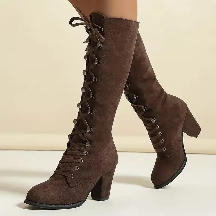 Women's Knee High Boots with Lace Up Front and Block Heel Faux Suede