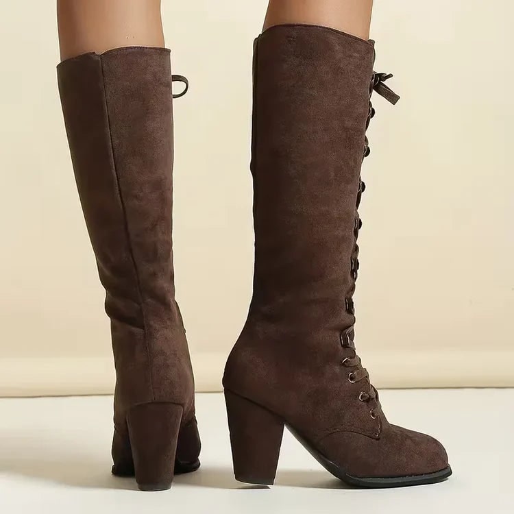 Women's Knee High Boots with Lace Up Front and Block Heel Faux Suede