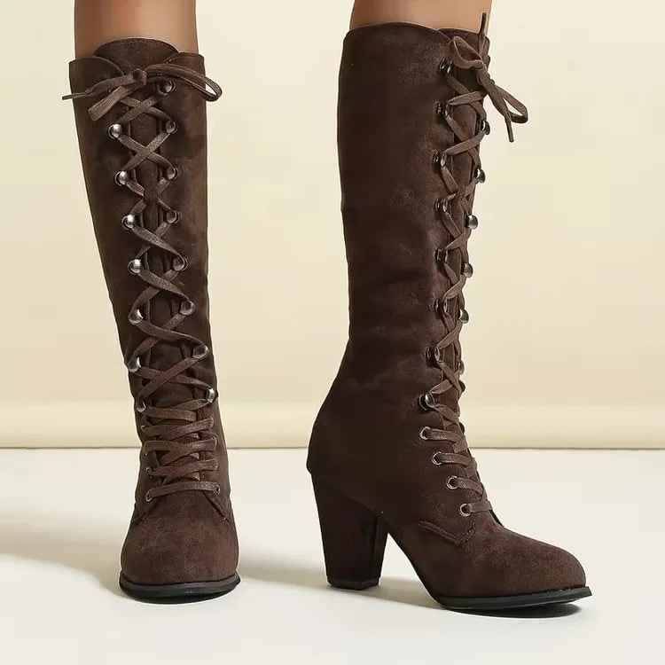 Women's Knee High Boots with Lace Up Front and Block Heel Faux Suede