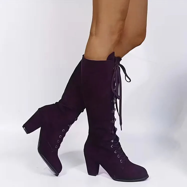 Women's Knee High Boots with Lace Up Front and Block Heel Faux Suede