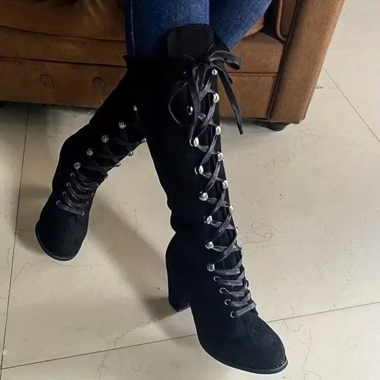 Women's Knee High Boots with Lace Up Front and Block Heel Faux Suede