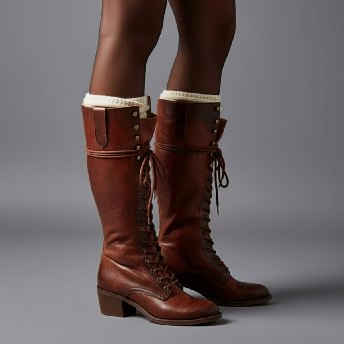 Layla | Women's Lace-Up Block Heel Studded Knee-High Boots