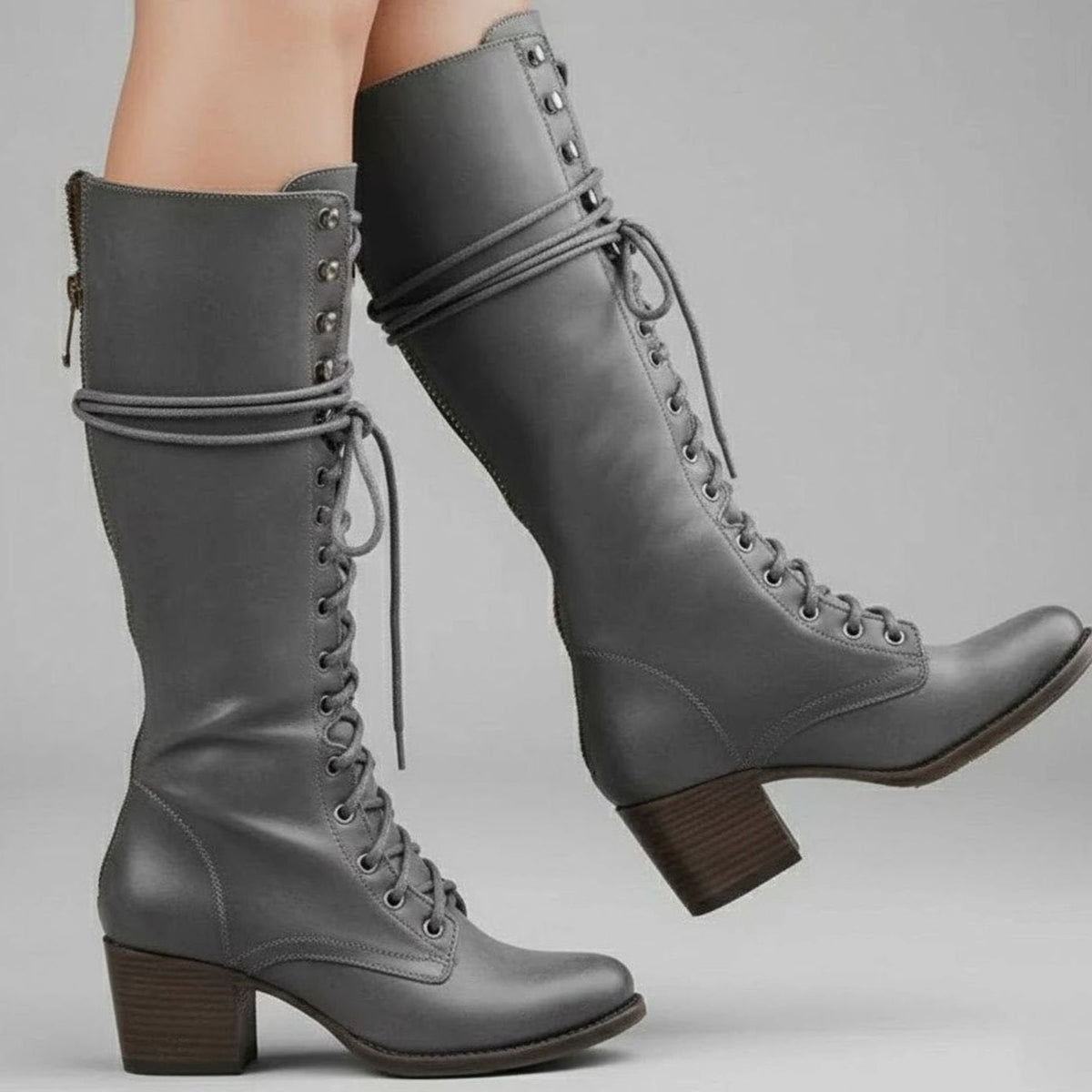 Layla | Women's Lace-Up Block Heel Studded Knee-High Boots