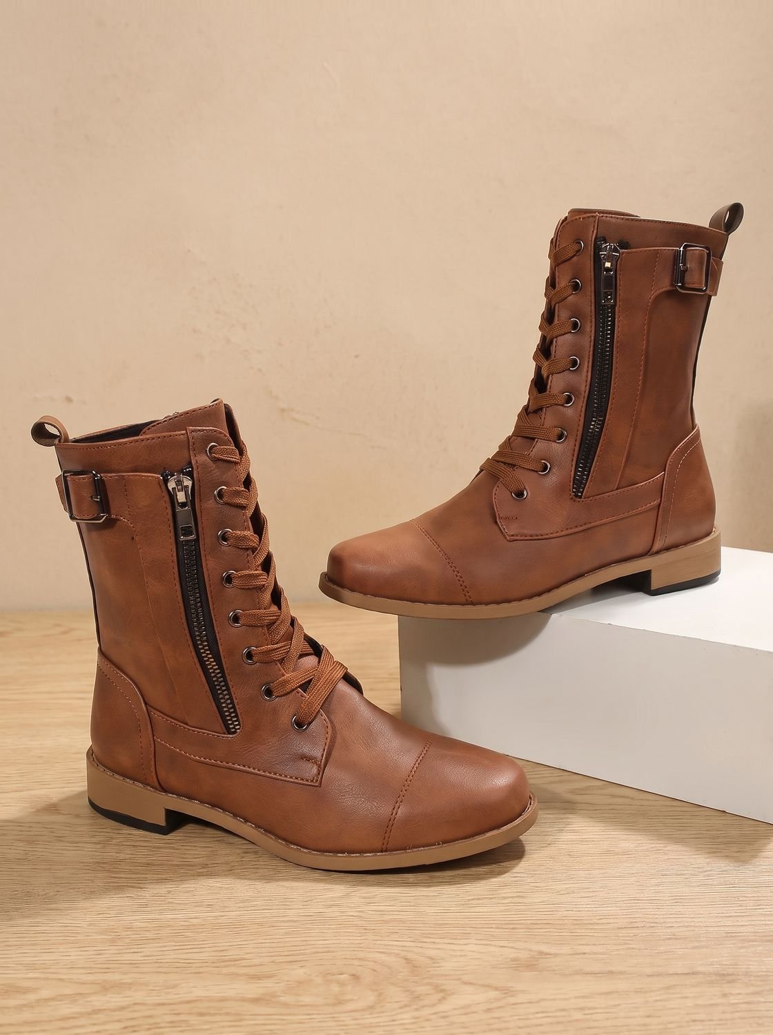 Mia | Women's Lace-Up Combat Boots Buckle Side-Zip Round-Toe