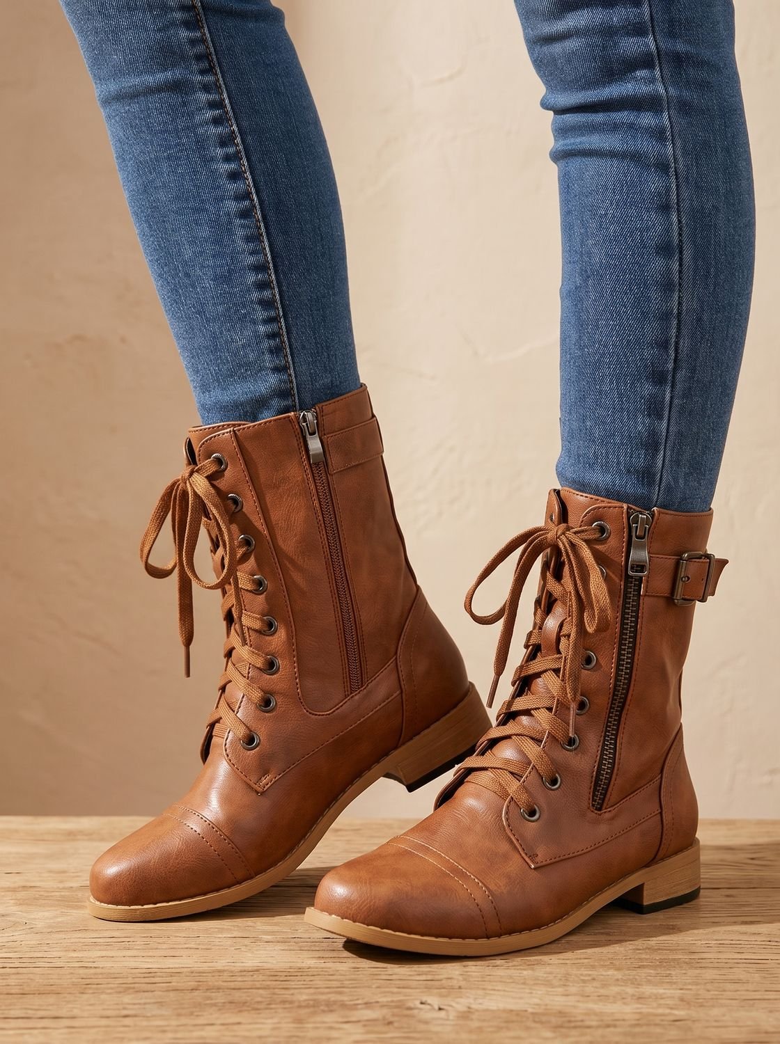 Mia | Women's Lace-Up Combat Boots Buckle Side-Zip Round-Toe