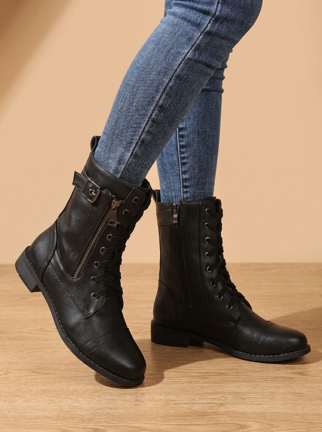Mia | Women's Lace-Up Combat Boots Buckle Side-Zip Round-Toe