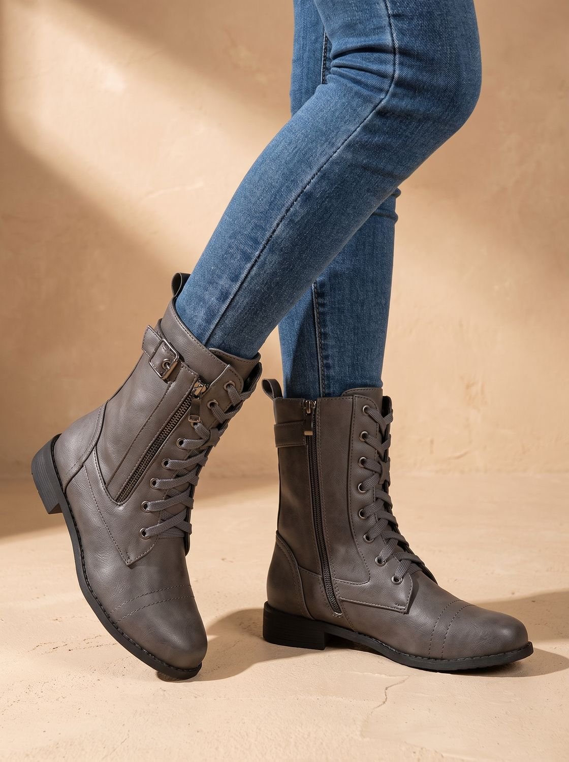 Mia | Women's Lace-Up Combat Boots Buckle Side-Zip Round-Toe