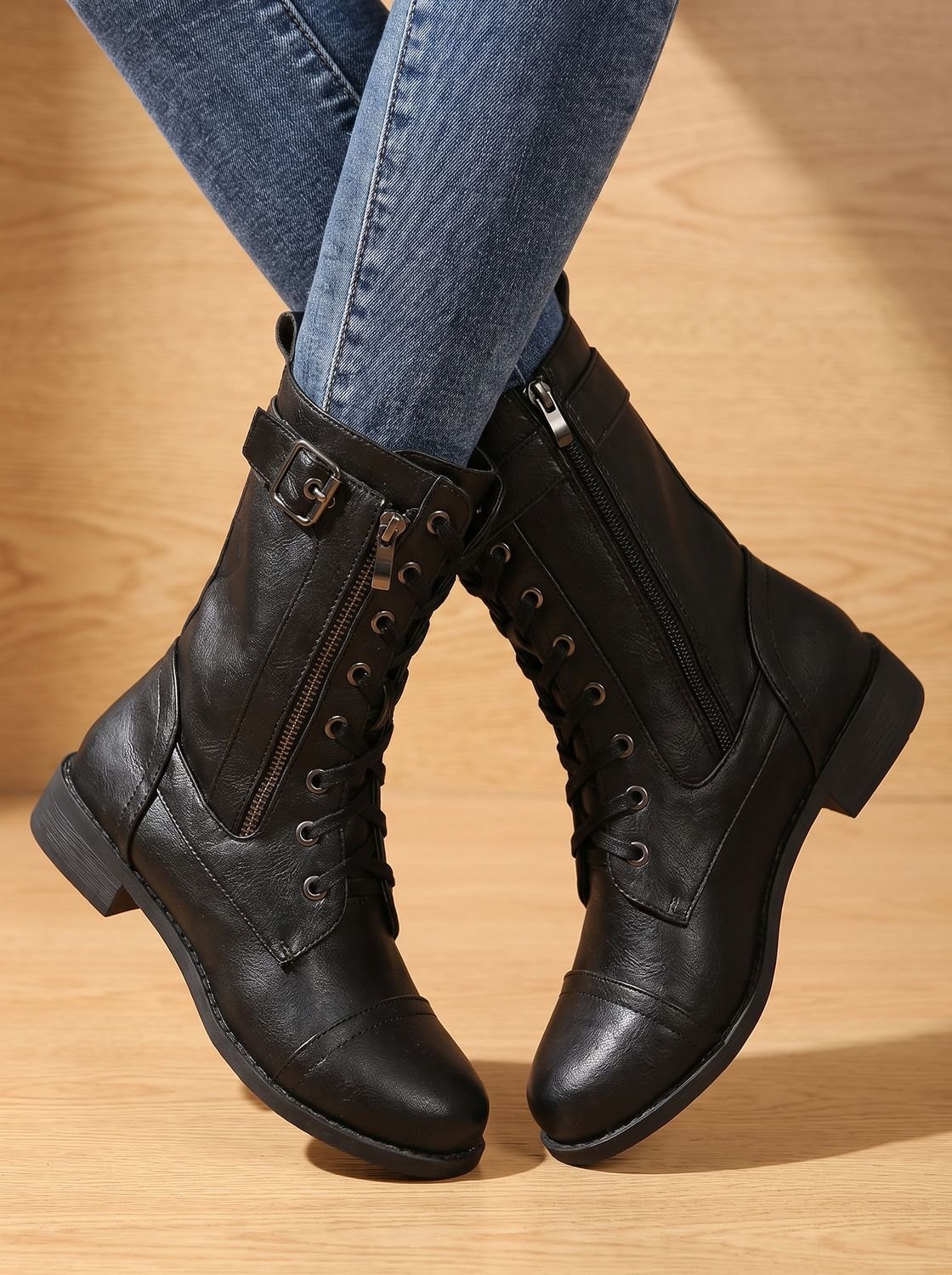 Mia | Women's Lace-Up Combat Boots Buckle Side-Zip Round-Toe
