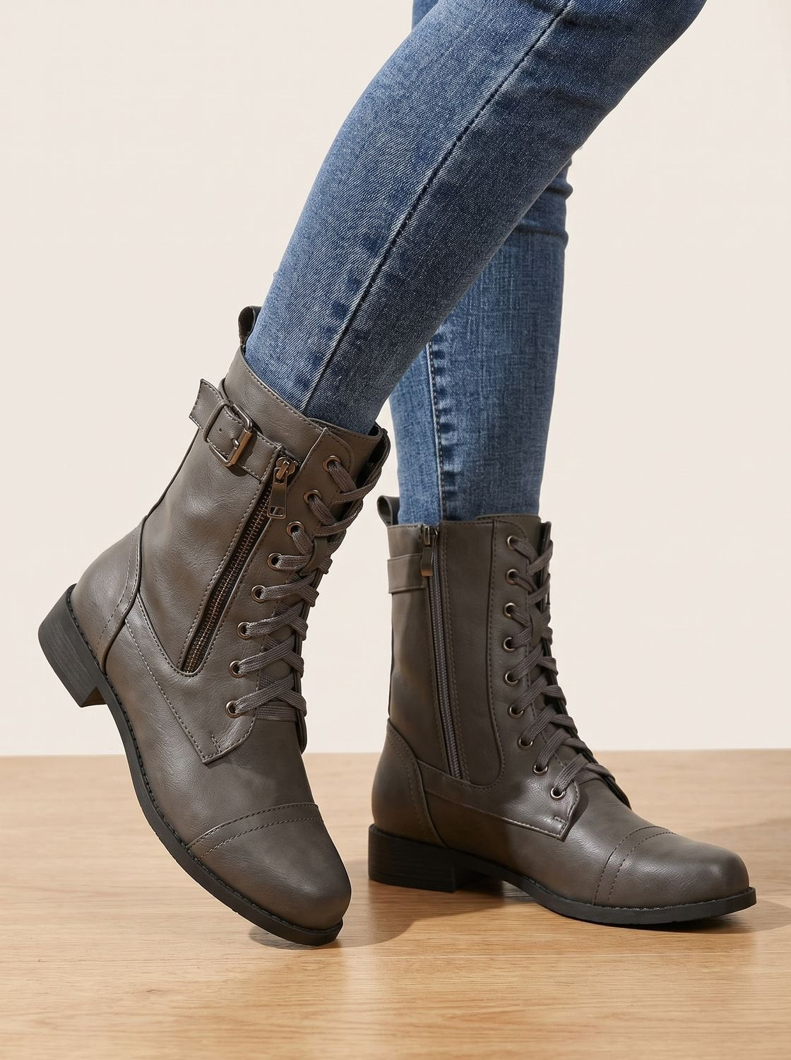 Mia | Women's Lace-Up Combat Boots Buckle Side-Zip Round-Toe