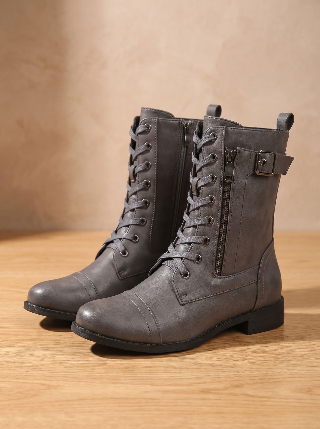Mia | Women's Lace-Up Combat Boots Buckle Side-Zip Round-Toe
