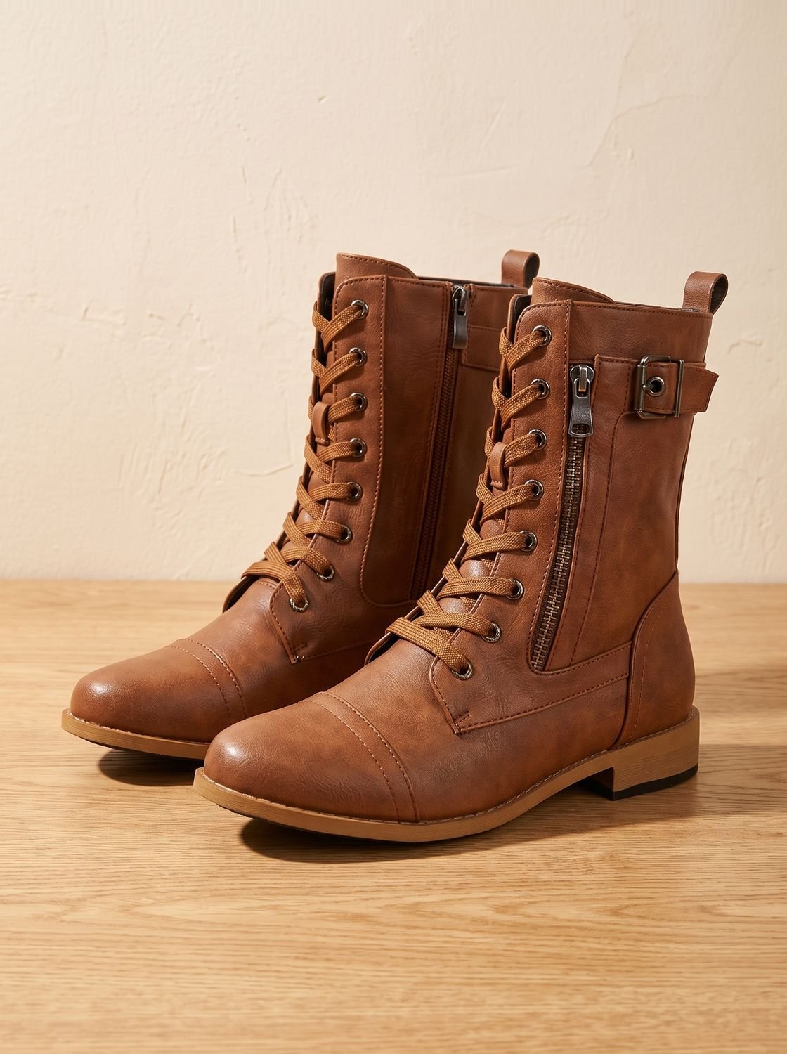 Mia | Women's Lace-Up Combat Boots Buckle Side-Zip Round-Toe