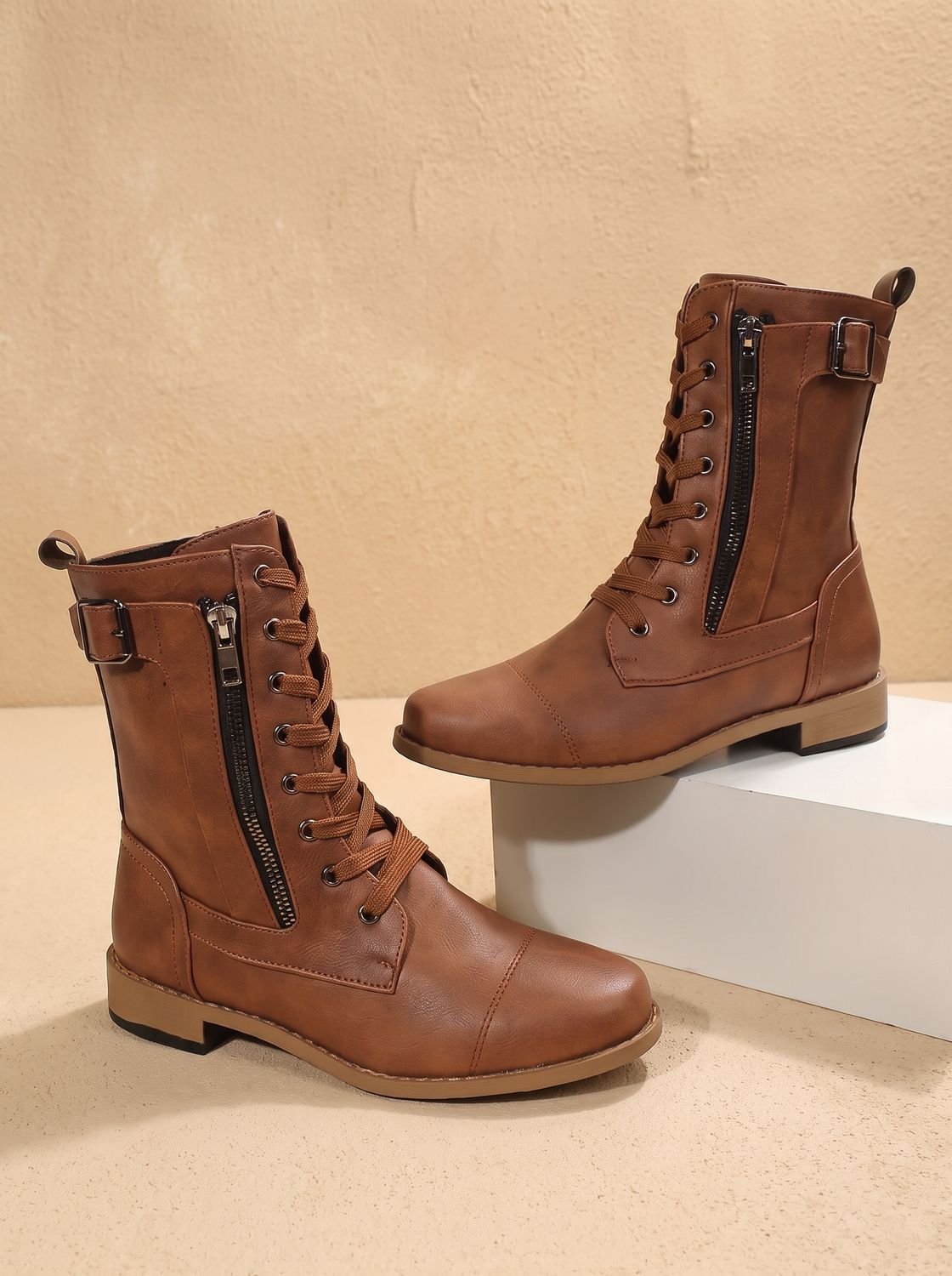 Mia | Women's Lace-Up Combat Boots Buckle Side-Zip Round-Toe