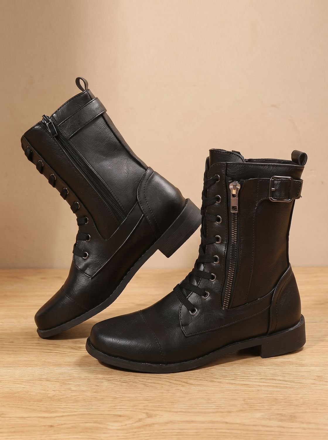 Mia | Women's Lace-Up Combat Boots Buckle Side-Zip Round-Toe