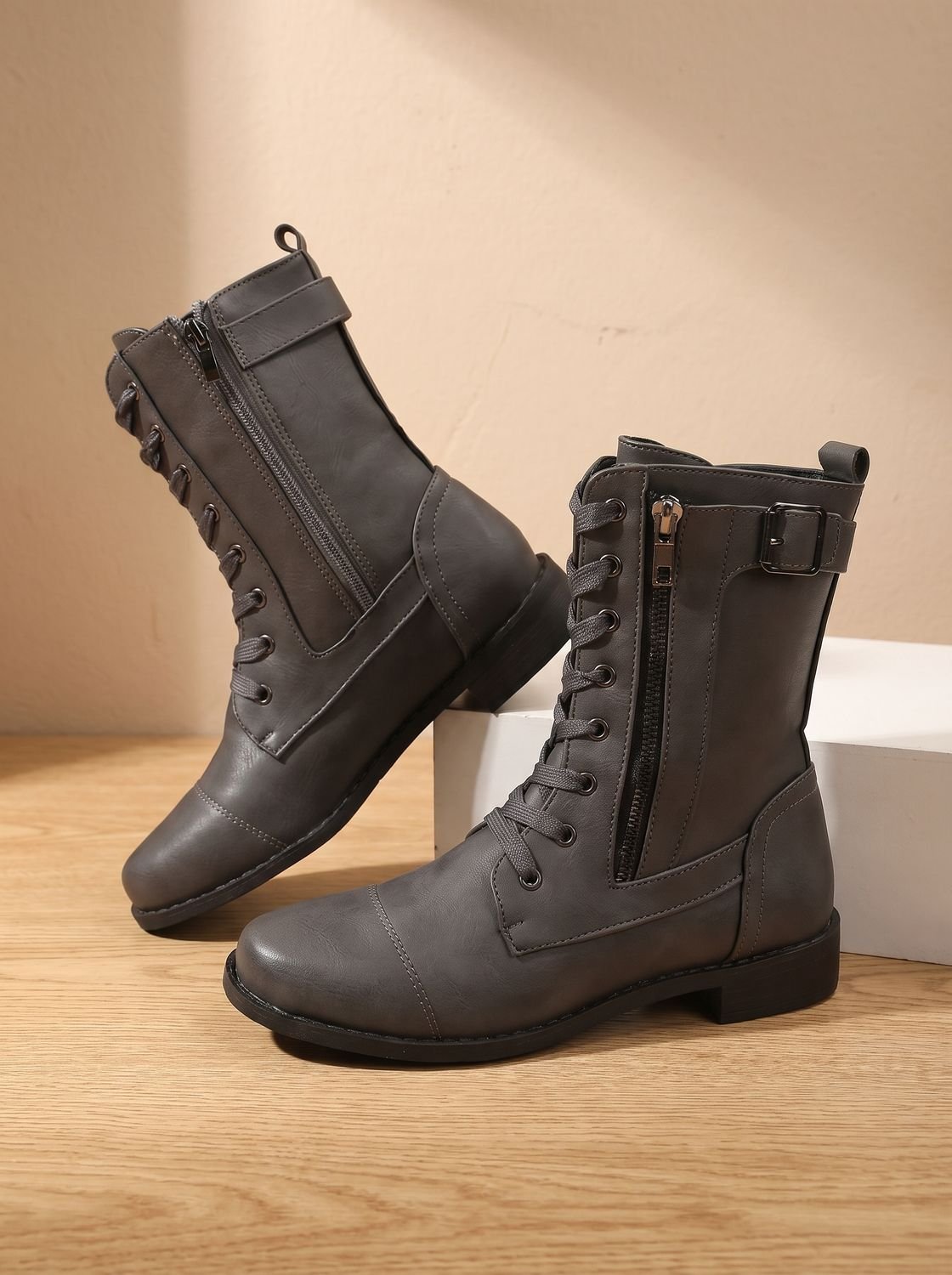 Mia | Women's Lace-Up Combat Boots Buckle Side-Zip Round-Toe