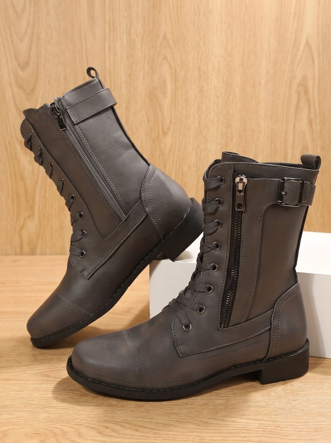Mia | Women's Lace-Up Combat Boots Buckle Side-Zip Round-Toe