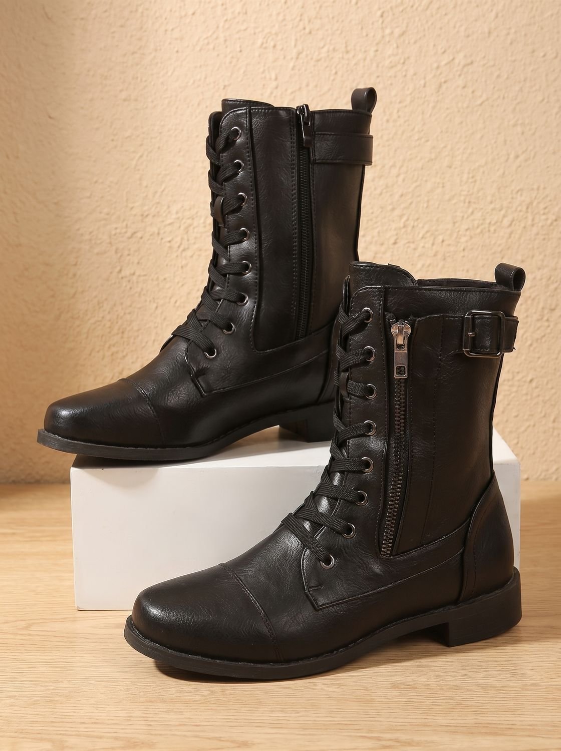 Mia | Women's Lace-Up Combat Boots Buckle Side-Zip Round-Toe
