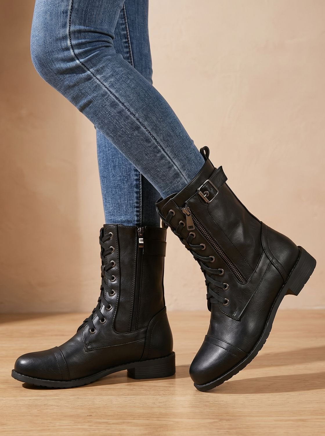 Mia | Women's Lace-Up Combat Boots Buckle Side-Zip Round-Toe