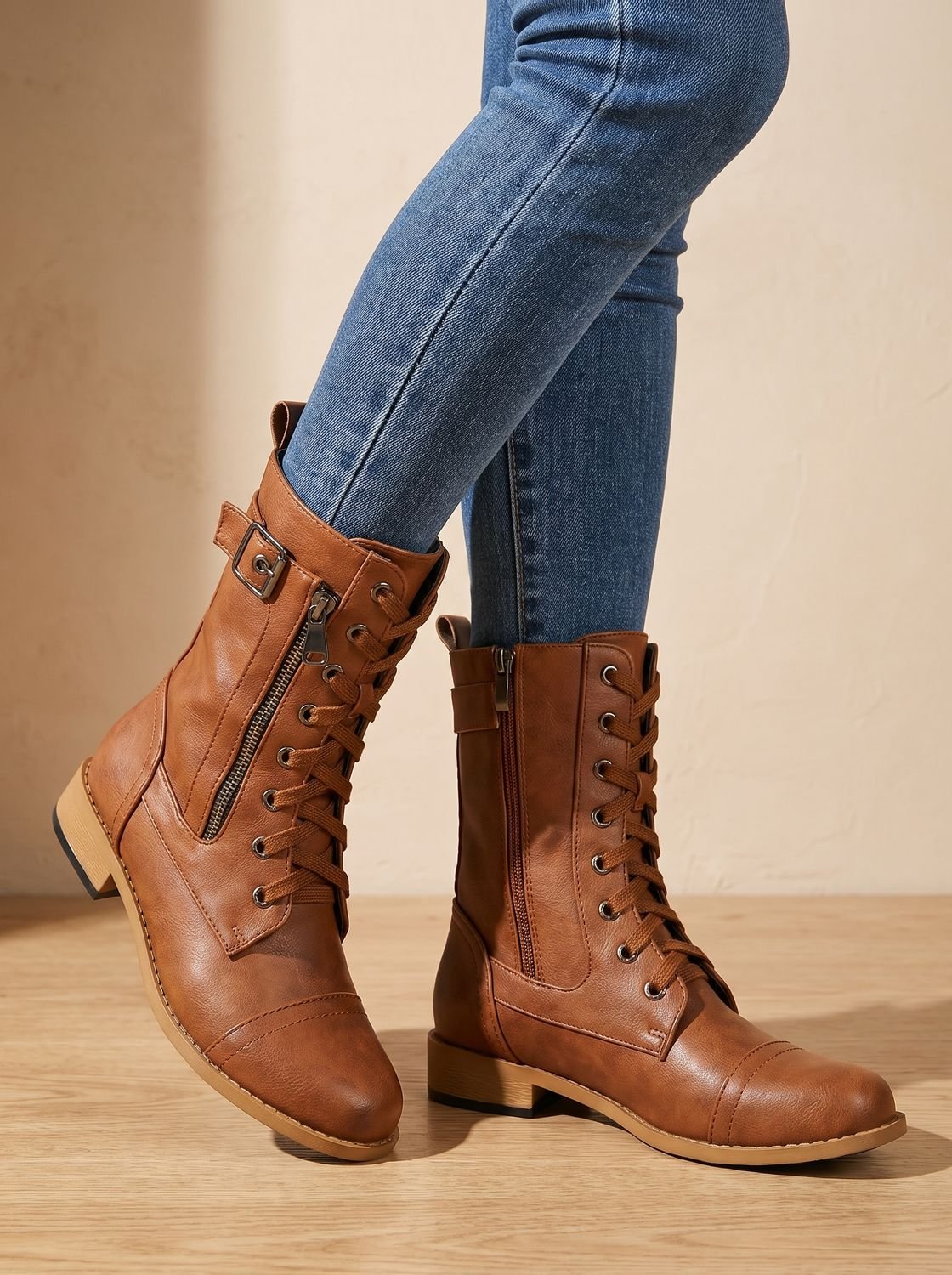 Mia | Women's Lace-Up Combat Boots Buckle Side-Zip Round-Toe