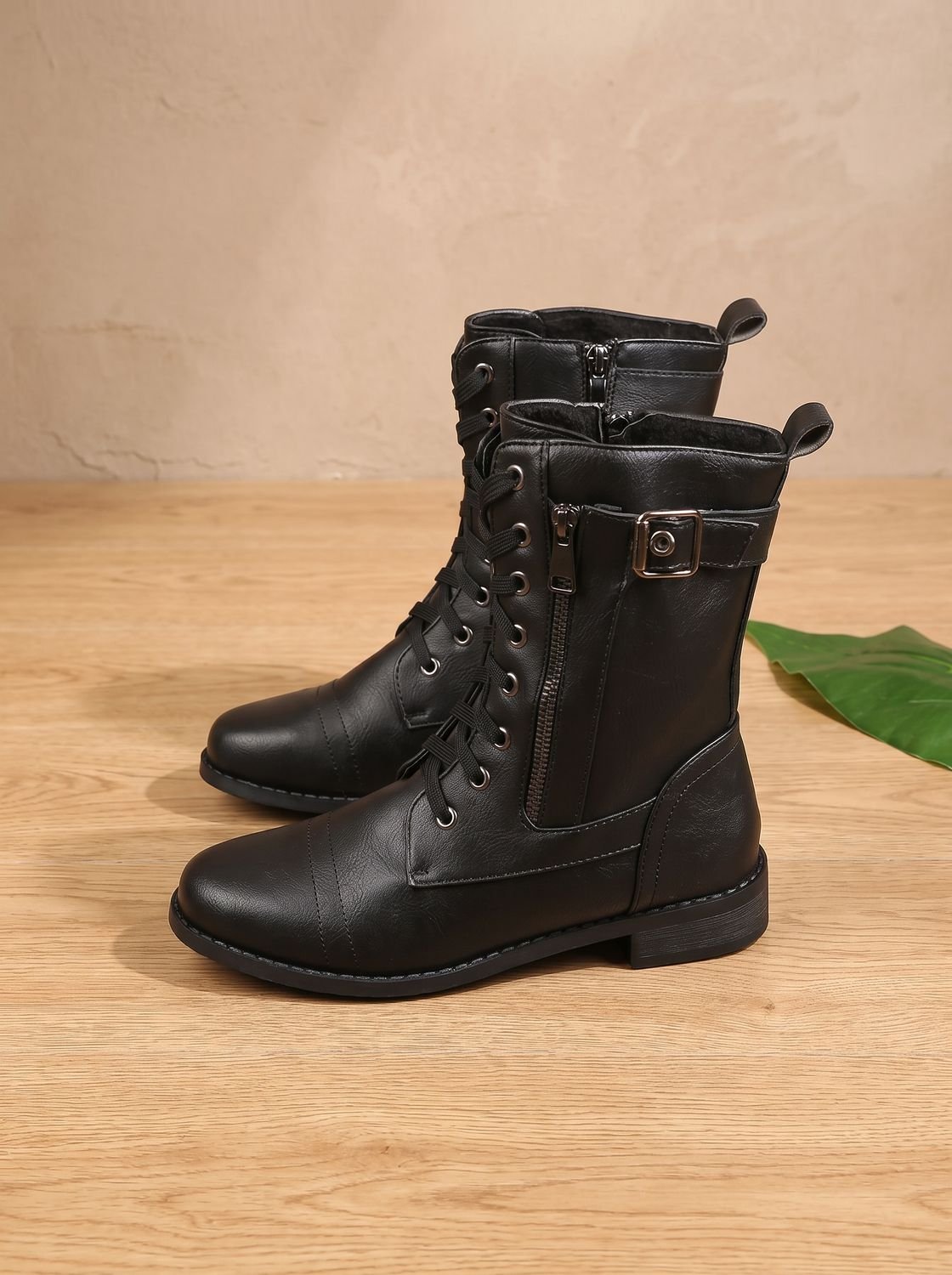 Mia | Women's Lace-Up Combat Boots Buckle Side-Zip Round-Toe