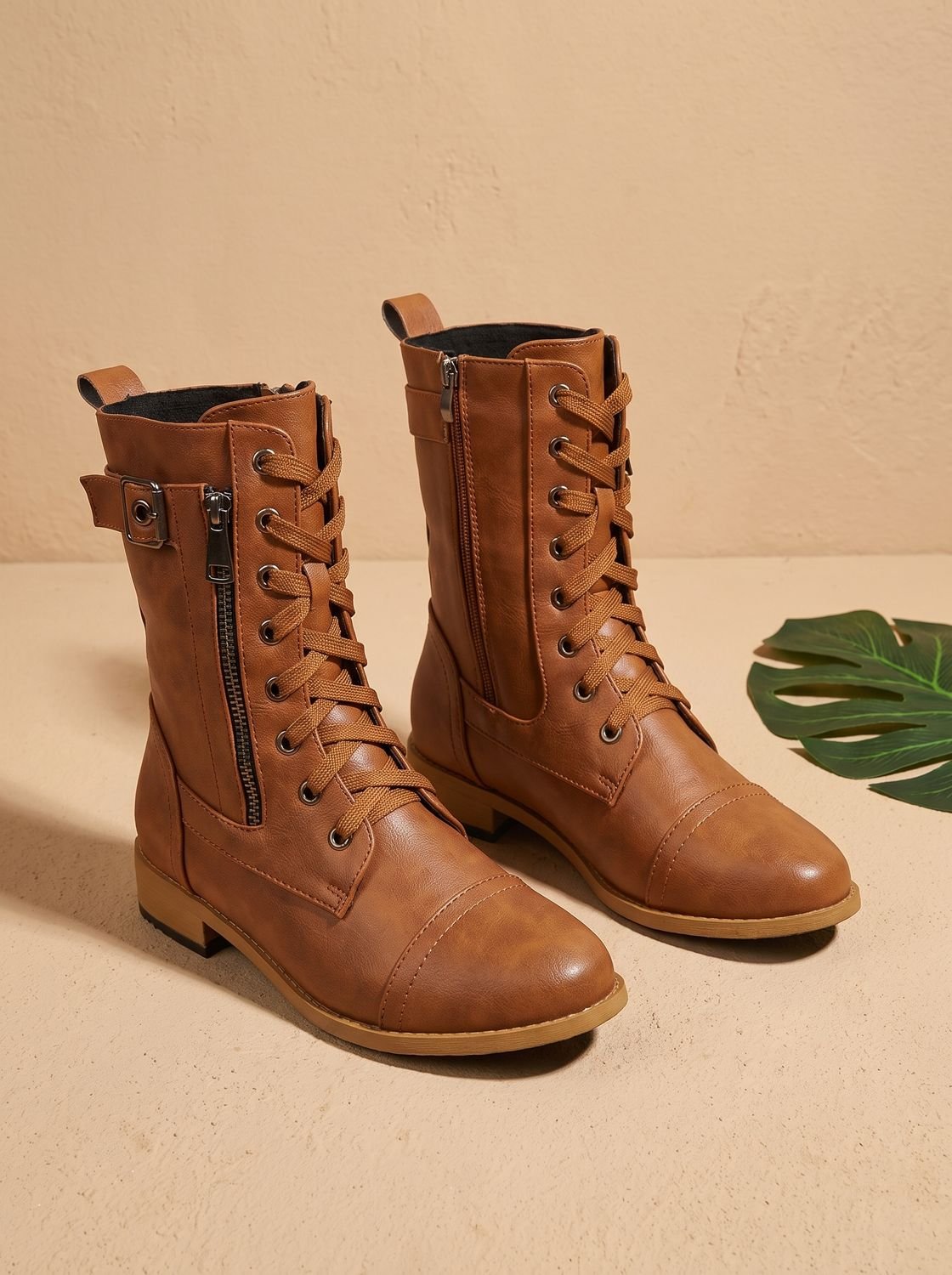 Mia | Women's Lace-Up Combat Boots Buckle Side-Zip Round-Toe