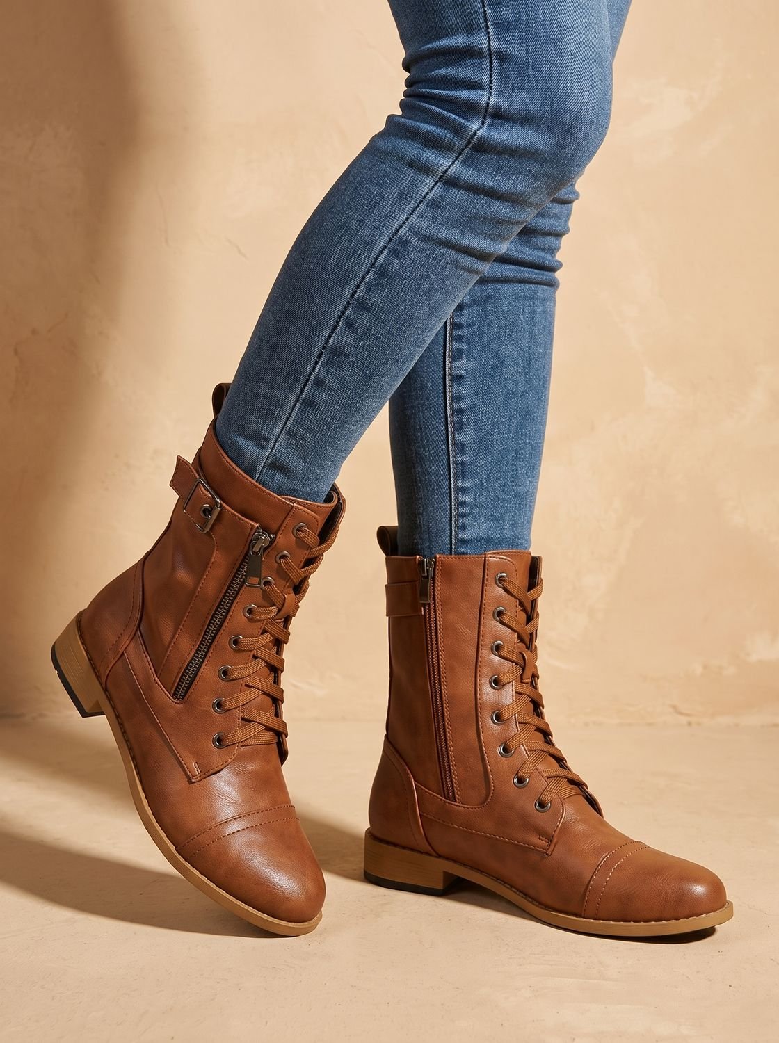 Mia | Women's Lace-Up Combat Boots Buckle Side-Zip Round-Toe