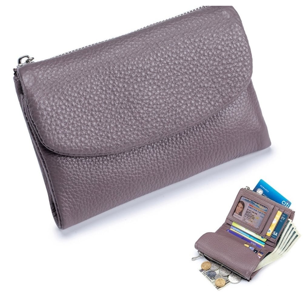 Women's Leather Bifold Wallet with Dual Zipper Pockets and Card Slots
