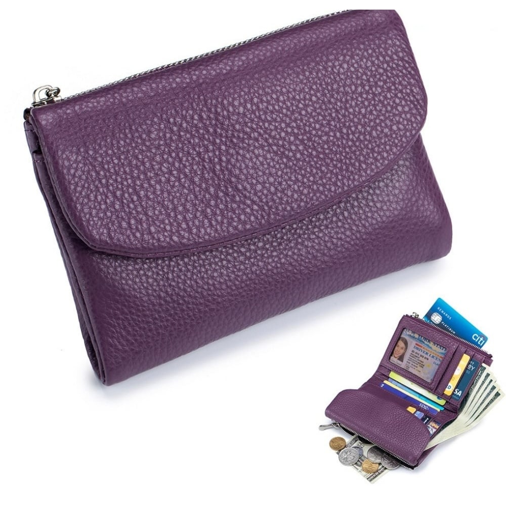 Women's Leather Bifold Wallet with Dual Zipper Pockets and Card Slots