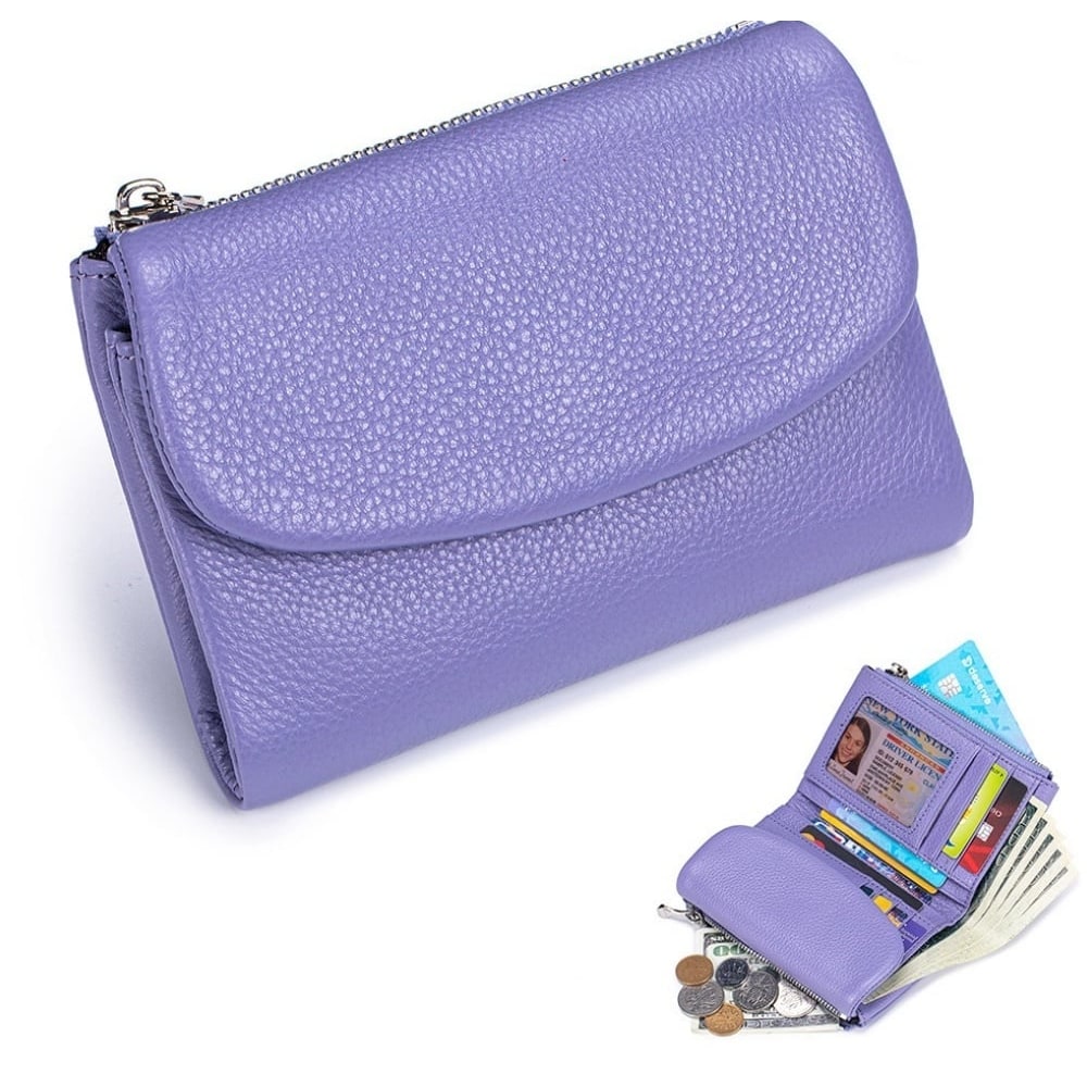 Women's Leather Bifold Wallet with Dual Zipper Pockets and Card Slots
