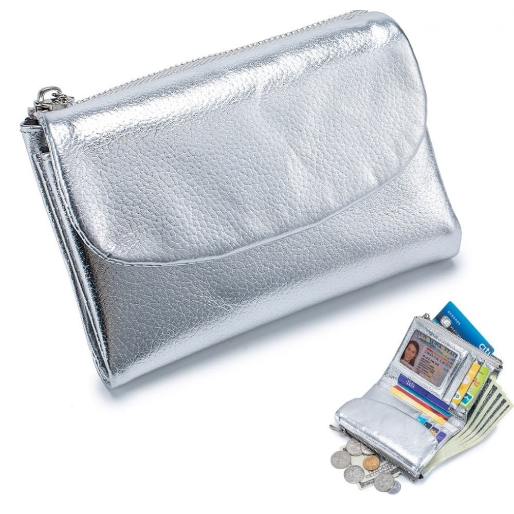 Women's Leather Bifold Wallet with Dual Zipper Pockets and Card Slots