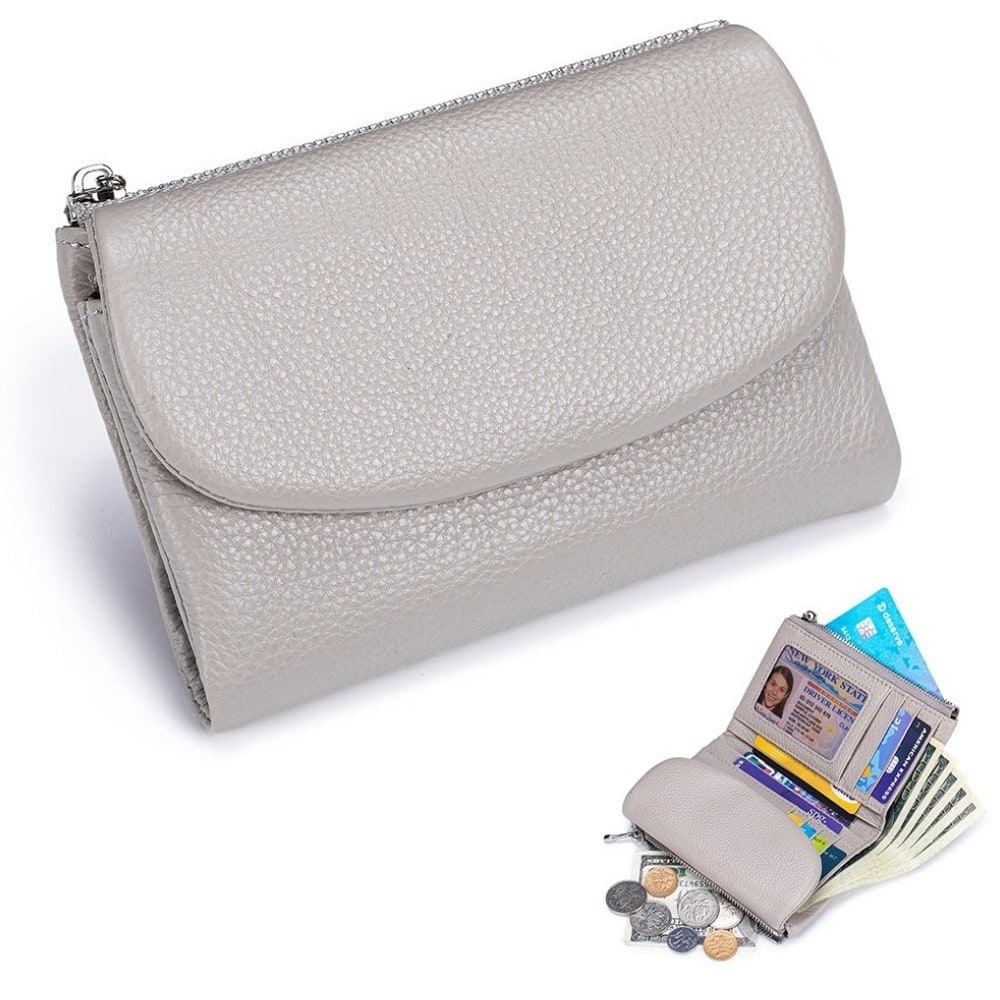 Women's Leather Bifold Wallet with Dual Zipper Pockets and Card Slots