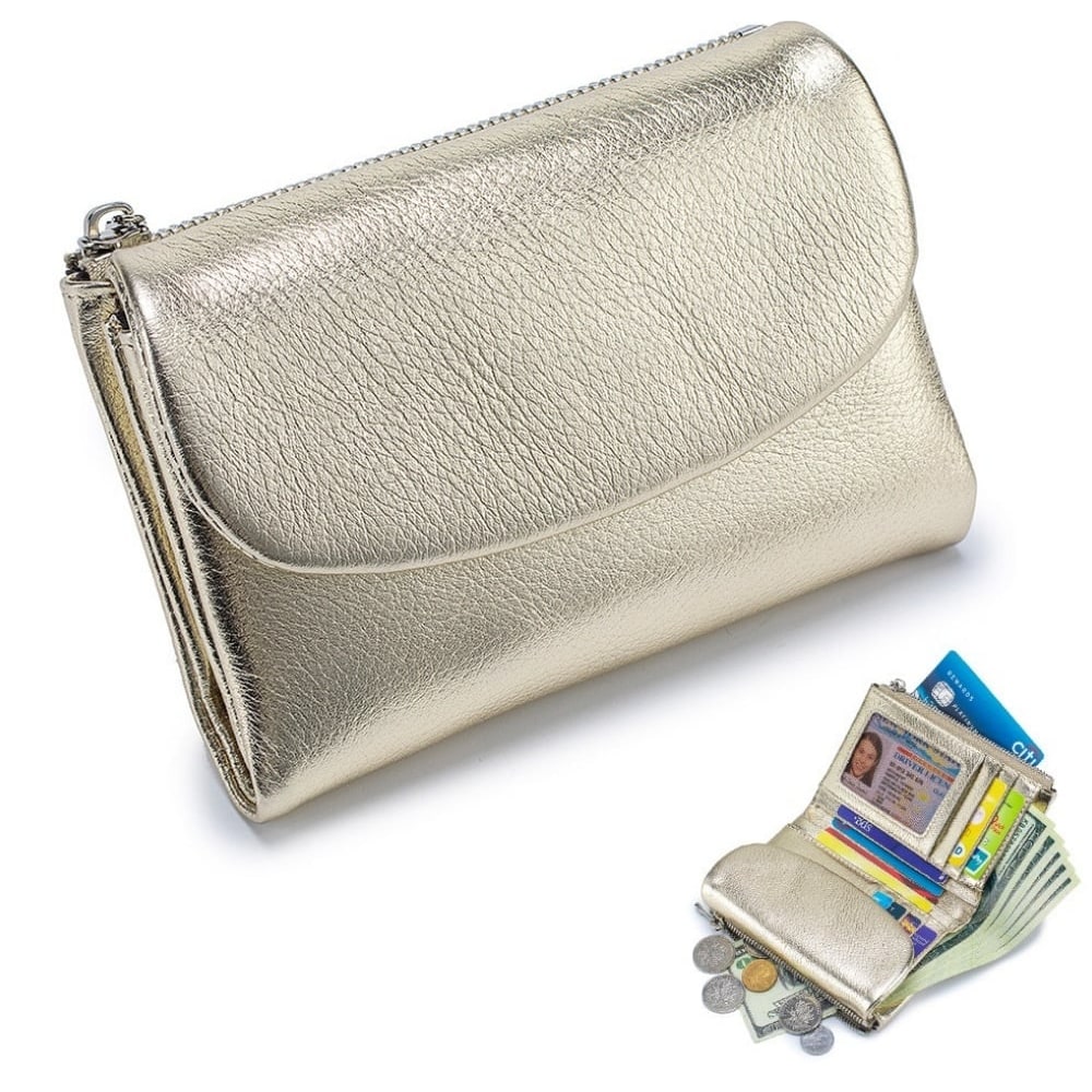 Women's Leather Bifold Wallet with Dual Zipper Pockets and Card Slots