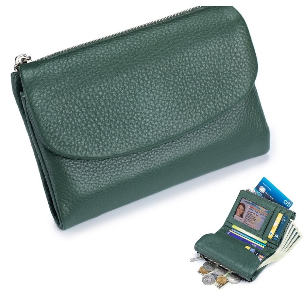 Women's Leather Bifold Wallet with Dual Zipper Pockets and Card Slots