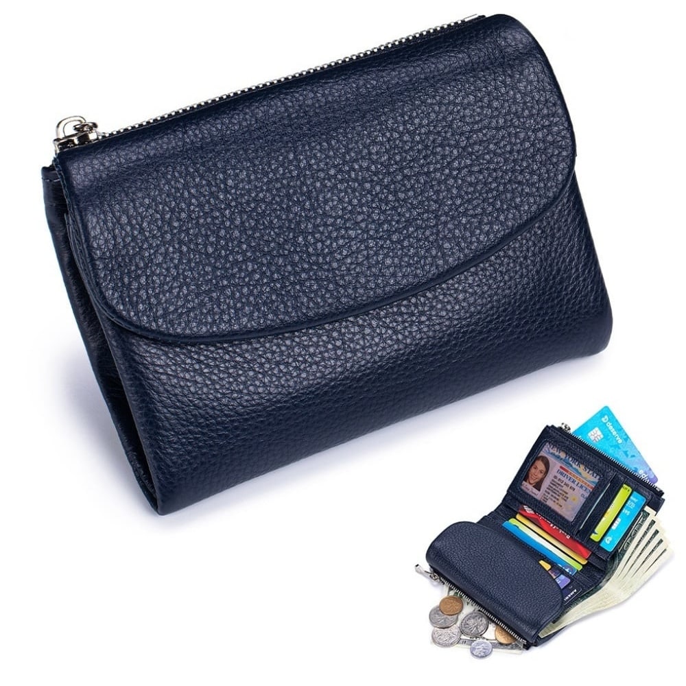 Women's Leather Bifold Wallet with Dual Zipper Pockets and Card Slots