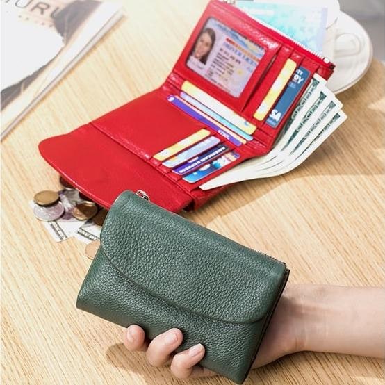 Women's Leather Bifold Wallet with Dual Zipper Pockets and Card Slots