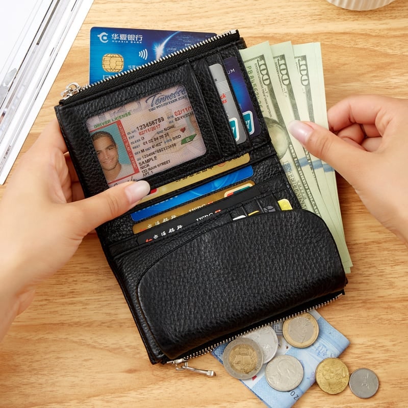 Women's Leather Bifold Wallet with Dual Zipper Pockets and Card Slots