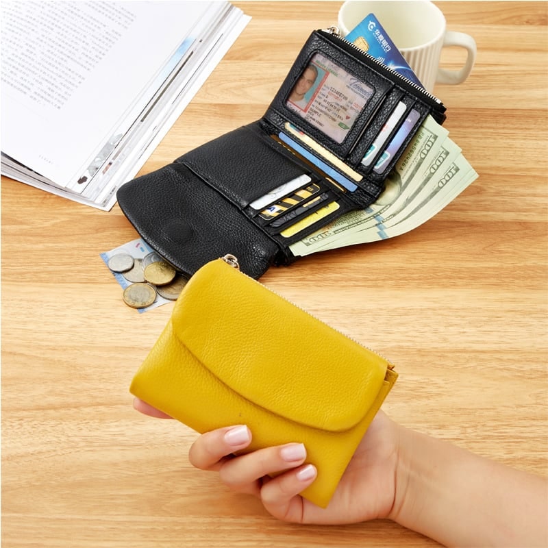 Women's Leather Bifold Wallet with Dual Zipper Pockets and Card Slots