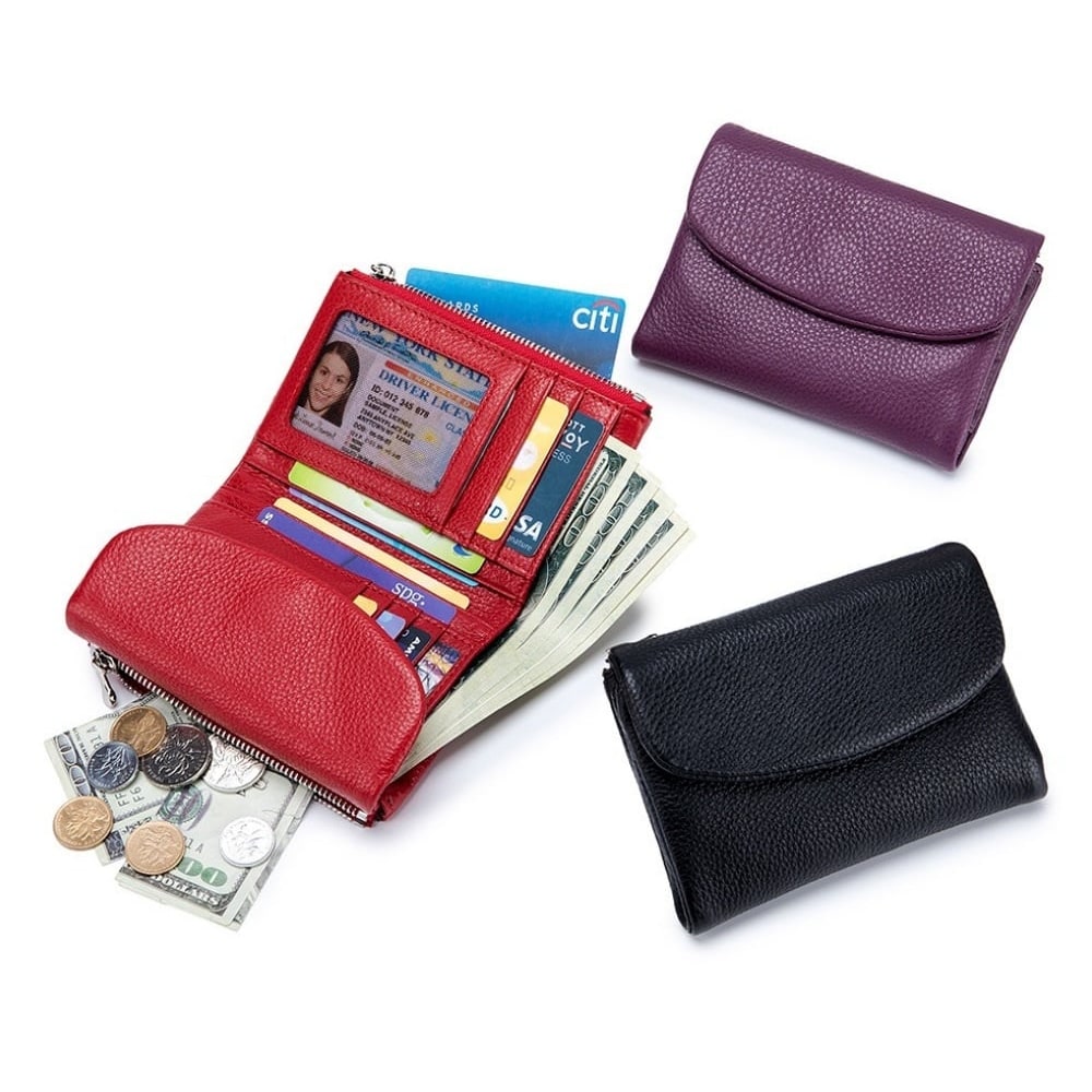 Women's Leather Bifold Wallet with Dual Zipper Pockets and Card Slots