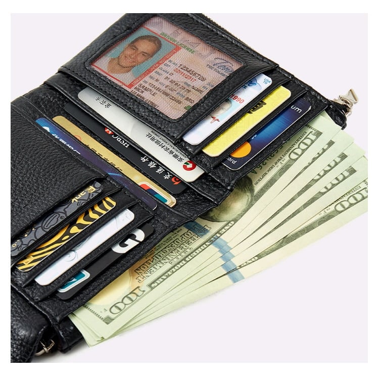 Women's Leather Bifold Wallet with Dual Zipper Pockets and Card Slots