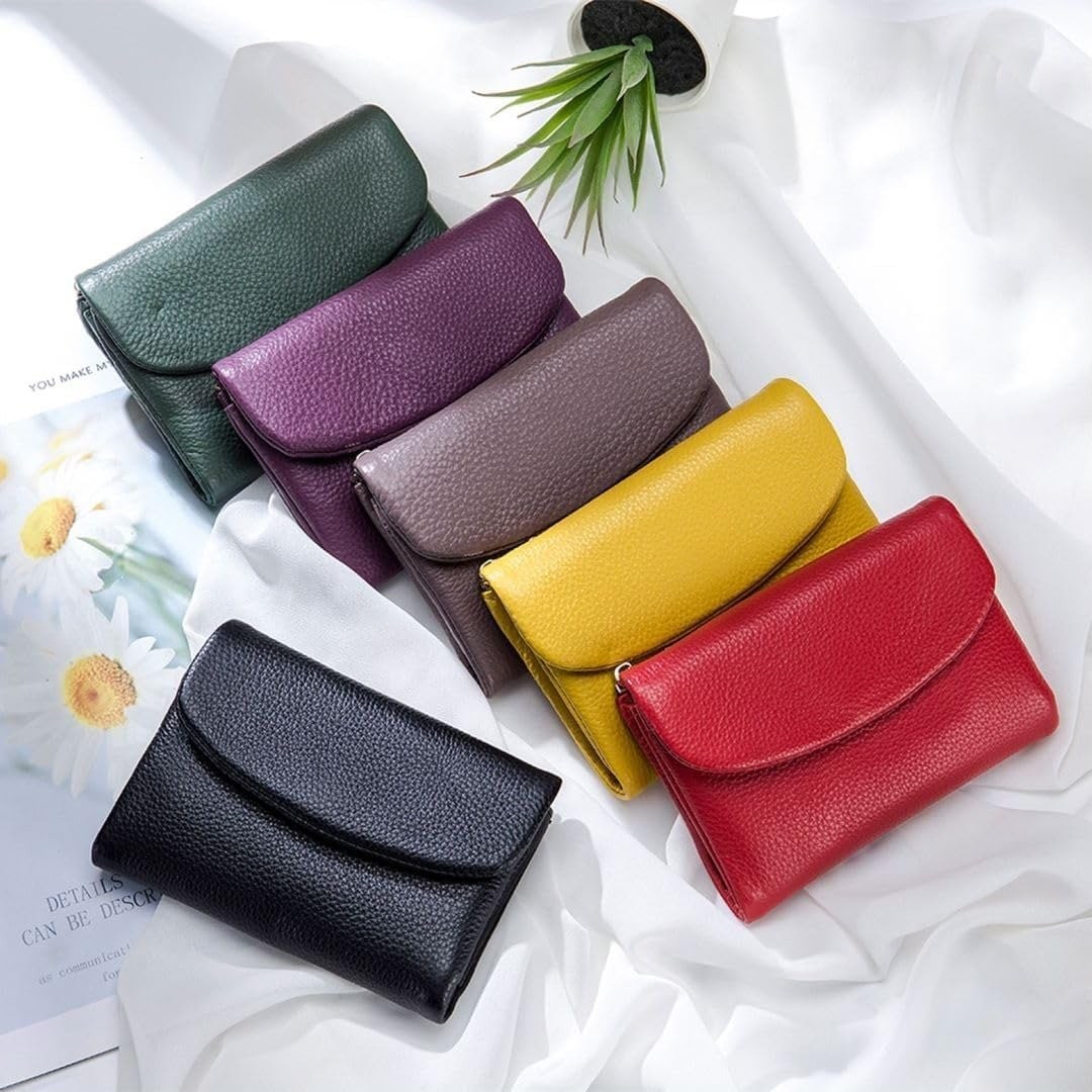 Women's Leather Bifold Wallet with Dual Zipper Pockets and Card Slots