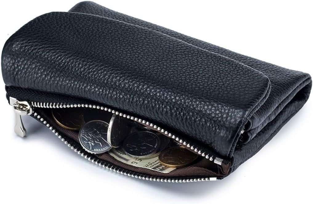 Women's Leather Bifold Wallet with Dual Zipper Pockets and Card Slots
