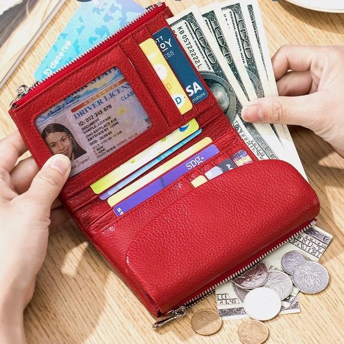 Women's Leather Bifold Wallet with Dual Zipper Pockets and Card Slots