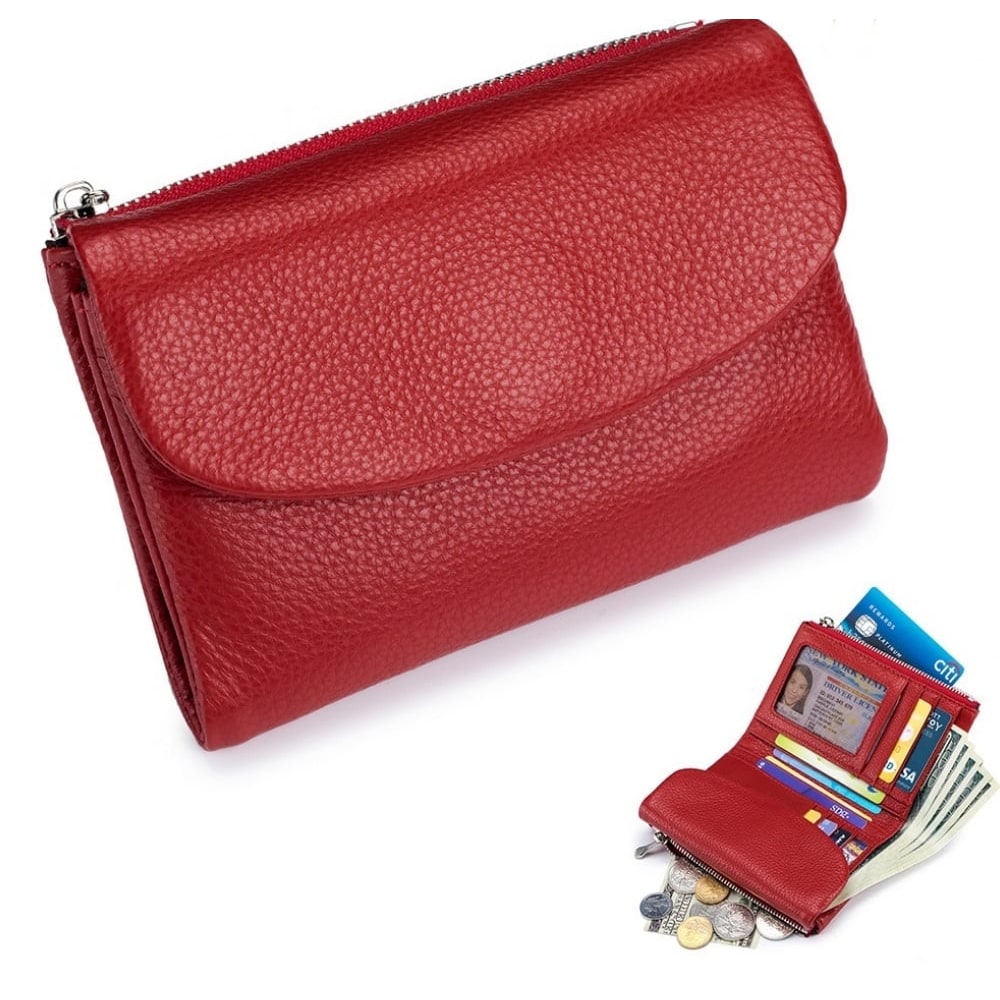 Women's Leather Bifold Wallet with Dual Zipper Pockets and Card Slots