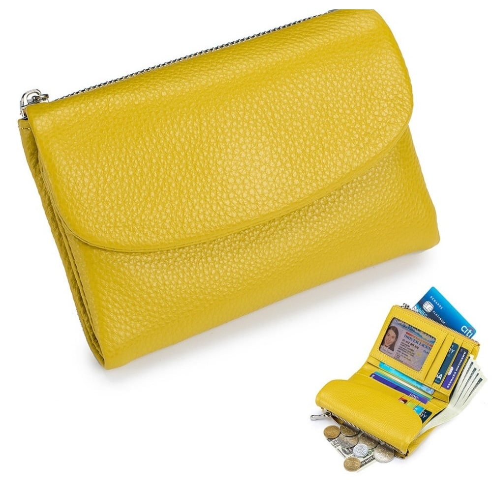 Women's Leather Bifold Wallet with Dual Zipper Pockets and Card Slots