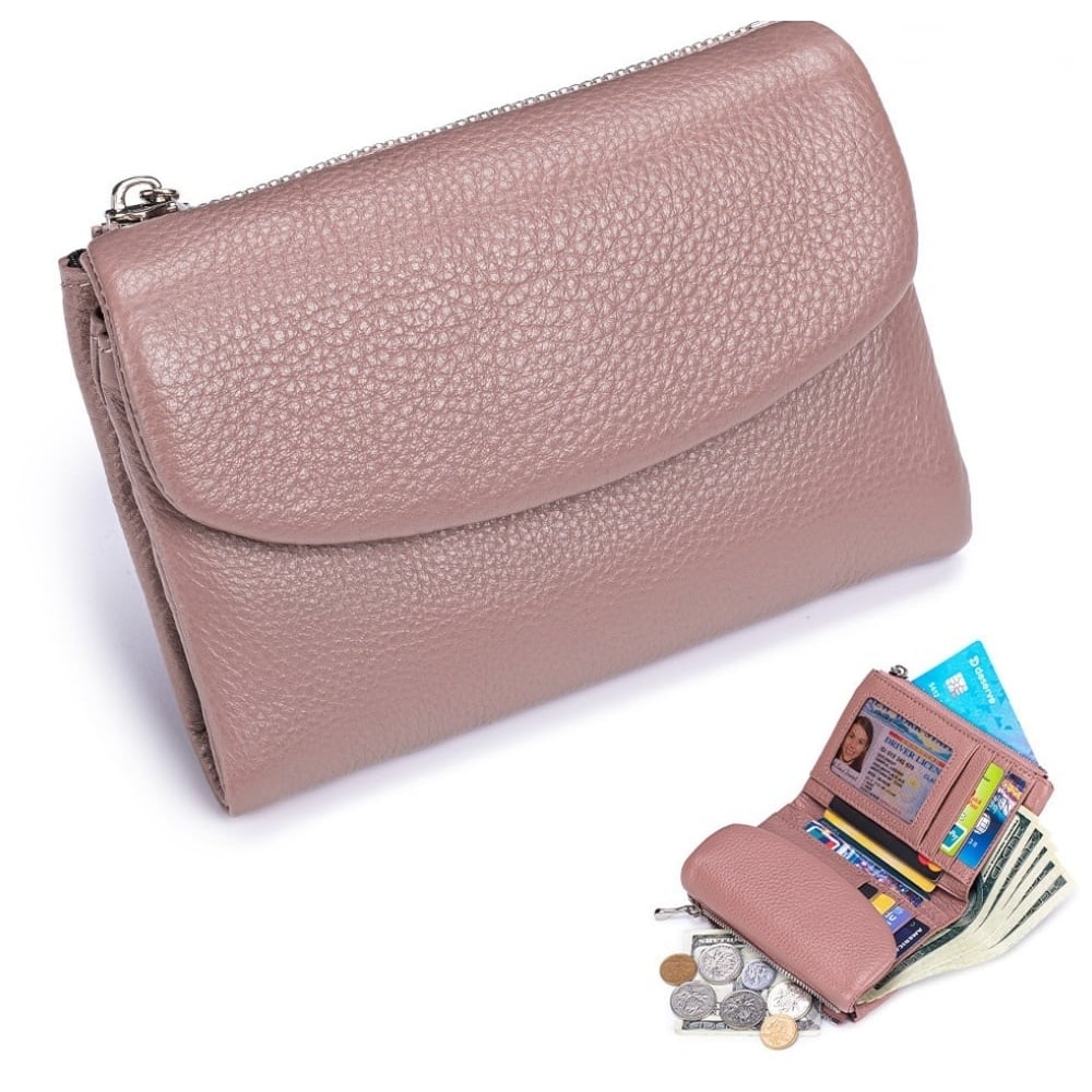Women's Leather Bifold Wallet with Dual Zipper Pockets and Card Slots