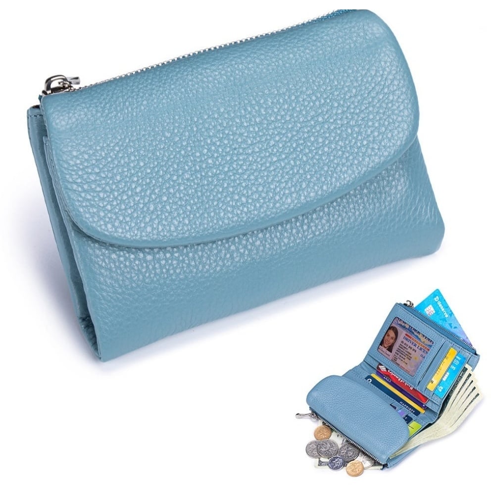 Women's Leather Bifold Wallet with Dual Zipper Pockets and Card Slots