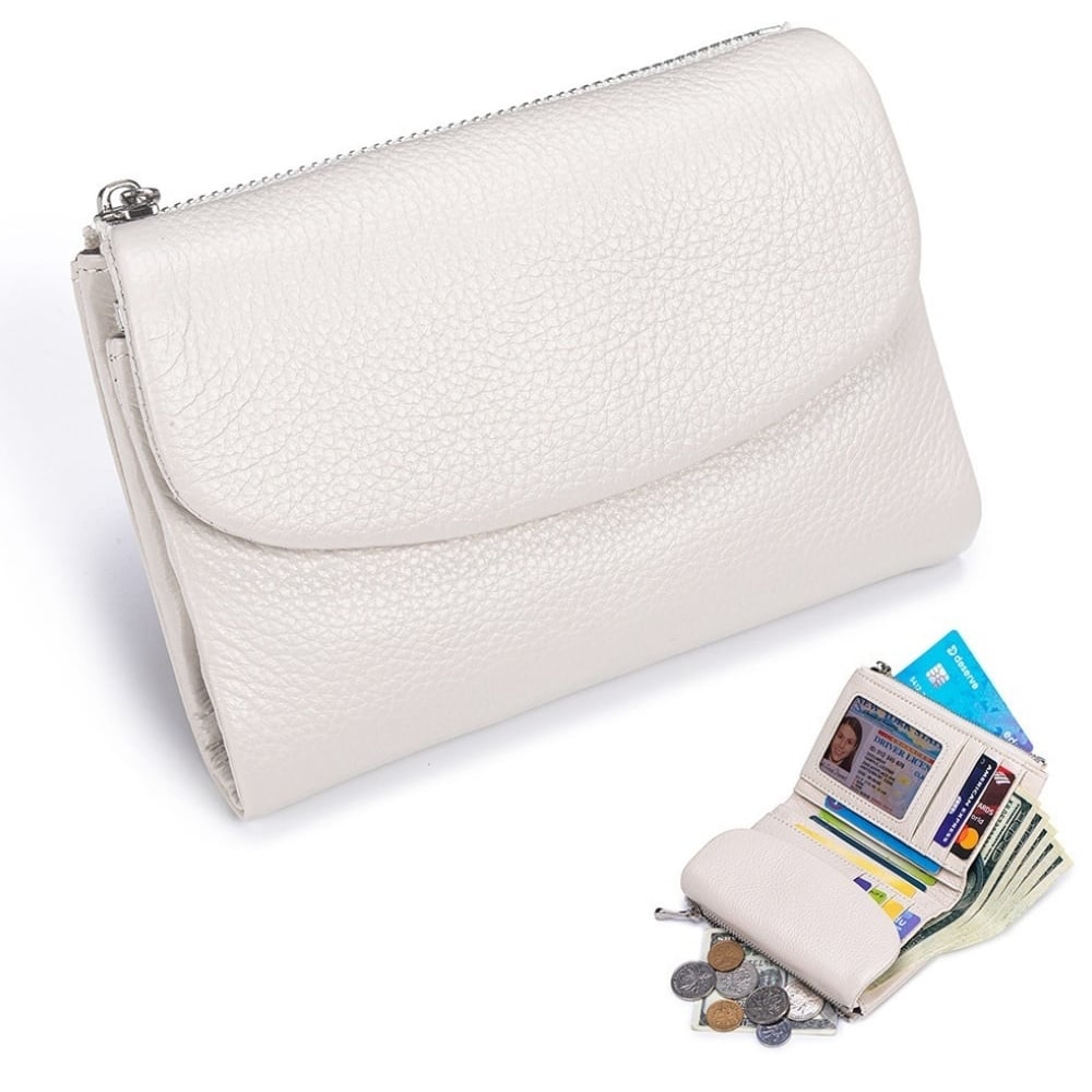 Women's Leather Bifold Wallet with Dual Zipper Pockets and Card Slots