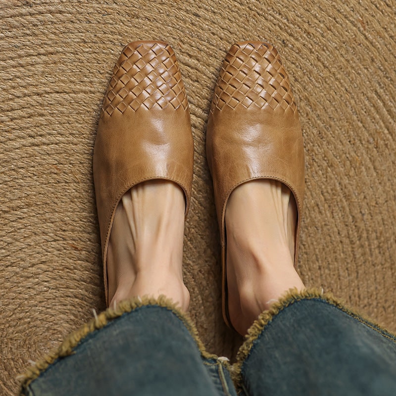 Women's Leather Slip-On Mules with Woven Basketweave and Square Toe